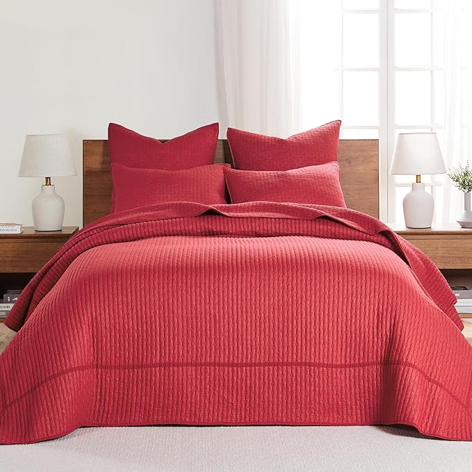 Levtex Home Cross Stitch Reversible Full Bedspread Set (100x104in) with 2 Pillow Shams (26x20in) - Stitch Texture - Chile Red - Cotton Full Size Bedspread Set - Lightweight, Soft, Pre-Washed