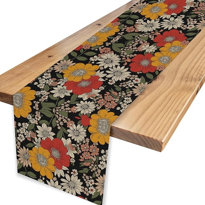 Boho Floral Table Runner, Colorful Vintage Flower Bohemian Floral Print Table Decor for Home Kitchen Dining Patio Holiday Party Indoor Outdoor Table Decorations 13x90 inch
