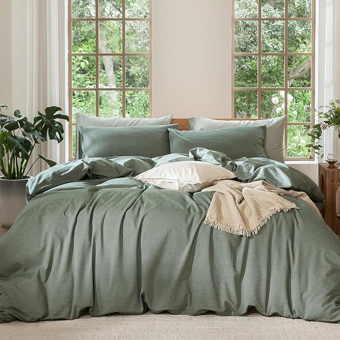 MooMee Bedding Duvet Cover Set 100% Washed Cotton Linen Like Textured Breathable Durable Soft Comfy (Heathered Green, Oversized Full 82"x86")