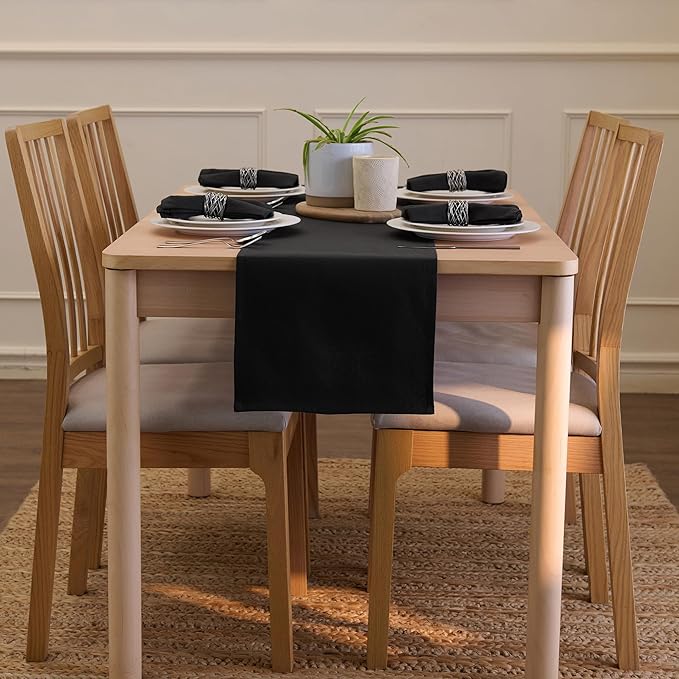 Encasa XO Table Runner 13x72 in Long | Cotton Canvas Fabric | Jet Black Solid Color | Machine Washable & Durable