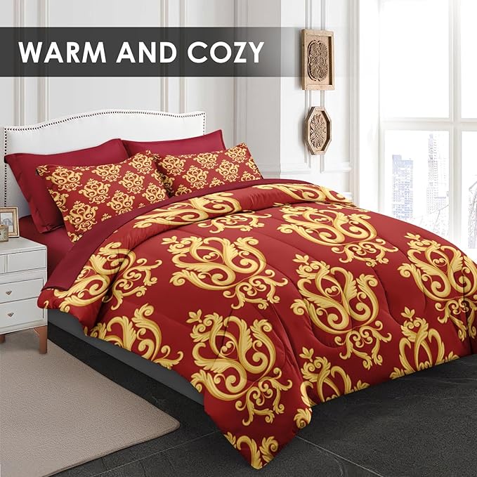 Comforter Set King Size, Vintage Floral Gold 7 Pcs Bedding for Kids and Adults, Medieval Burgundy Red Bed Sheet Sets with Fitted Sheet 2 Pillowcase & 2 Sham for Bedroom Bed Decor