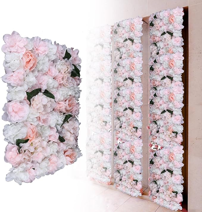 6Pcs 15.75"x 23.62x 0.79" Artificial Flower Wall Panels,Flower Wall Mat Silk Flower Panels for Outdoor Garden Backyard Fence Fence Privacy Screen and Indoor Wall Decor (6Pcs White+Pink)