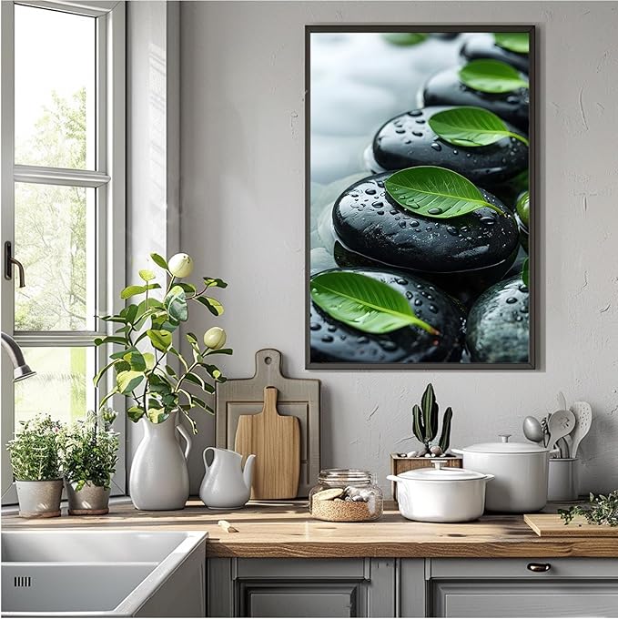 Glittering black stone cluster with fresh green leaves and water drops poster tranquil mist rain wall art zen wall art suitable for modern minimalist home decor 16x24in Metal blackFramed