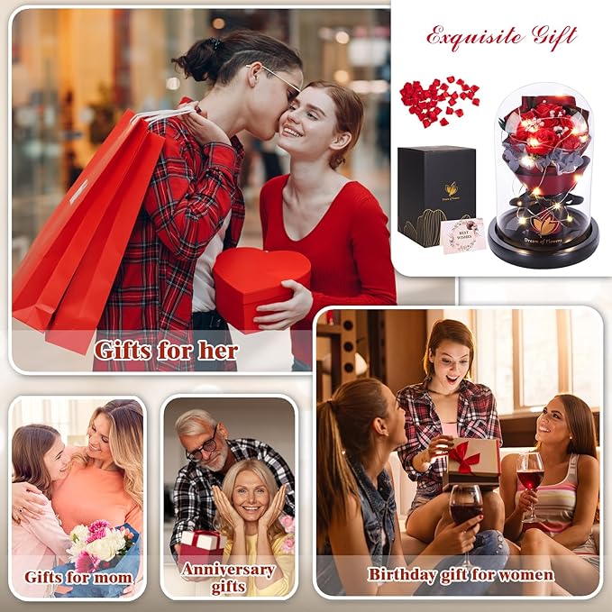 Christmas Rose Gifts for Women Birthday Gifts,Beauty and the Beast Rose in Glass Dome with 2 Light Modes, Enchanted rose Flower Roses Bouquets Christmas Women Gifts for Mom Wife Girlfriend Sister