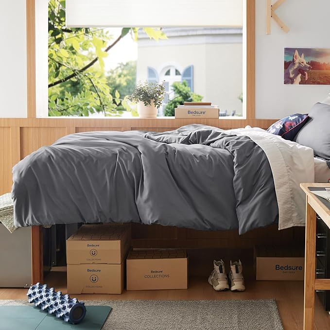 Bedsure Duvet Cover Twin/Twin XL Size - Soft Double Brushed Bedding Set for Kids & Adults, Zipper Closure, 2 Pieces, Includes 1 Duvet Cover (68"x90") & 1 Pillow Sham, NO Comforter, Dark Grey