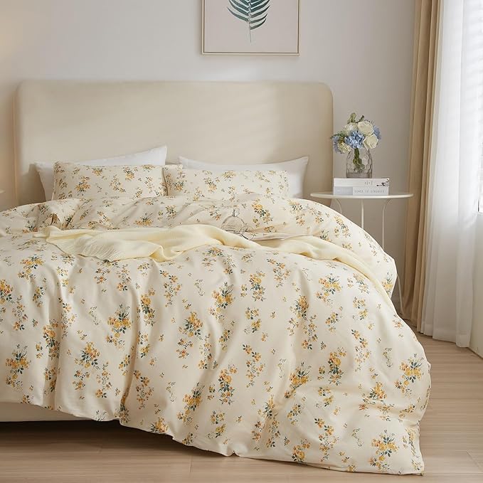 Garden Style Yellow Floral Comforter Set Twin XL Chic Flower Leaves Printed Girls Floral Bedding Set Fluffy Soft Microfiber Twin XL Comforter with 2 Pillowcases Vintage Floral Botanical Comforter Set