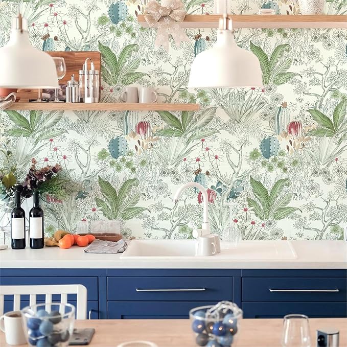 Wudnaye Boho Peel and Stick Wallpaper Catus Wallpaper 17.7" x 590.4"Vintage Floral Wallpapers Peel and Stick Botanical Removable Wall Paper Boho Self Adhesive Contact Paper for Bathroom Cabinets