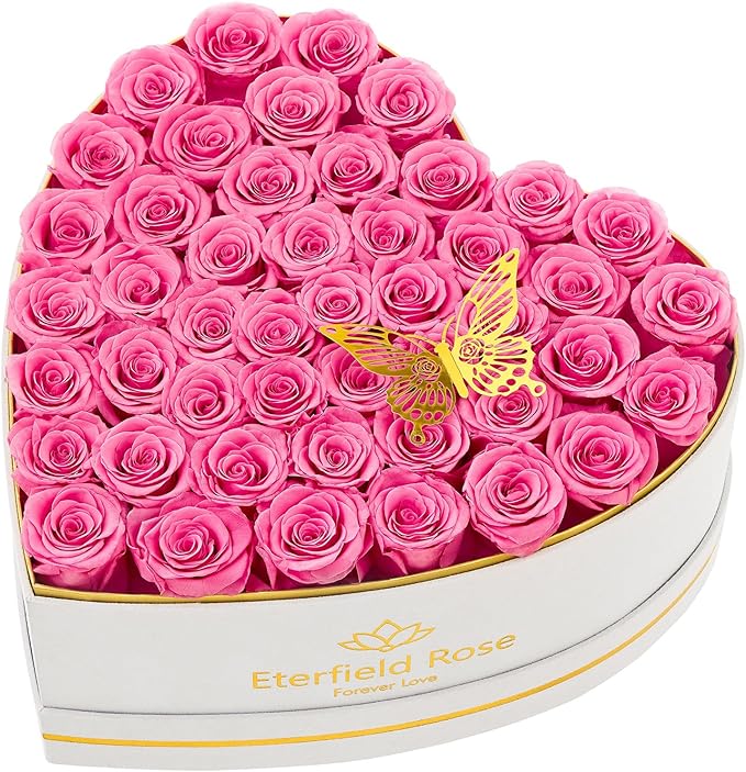Eterfield Forever Flowers in Heart Shape Box, Preserved Roses That Last a Year Preserved Flowers Birthday for Her Mom Women Wife Valentine's Day Mother's Day (47 Roses, Pink)