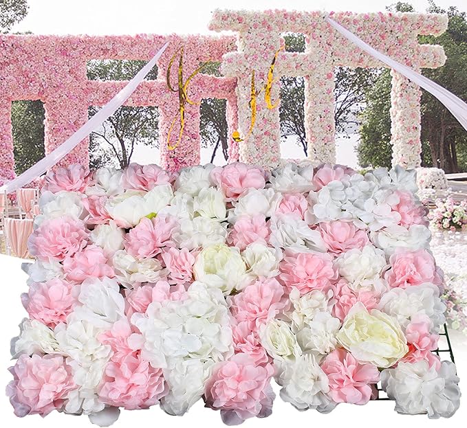 Eapmic 6Pcs 23.62"x 15.74"x 0.79" Artificial Flower Wall Panels,Flower Wall Mat Silk Flower Panels for Outdoor Garden Backyard Fence Fence Privacy Screen and Indoor Wall Decor(White+Pink)