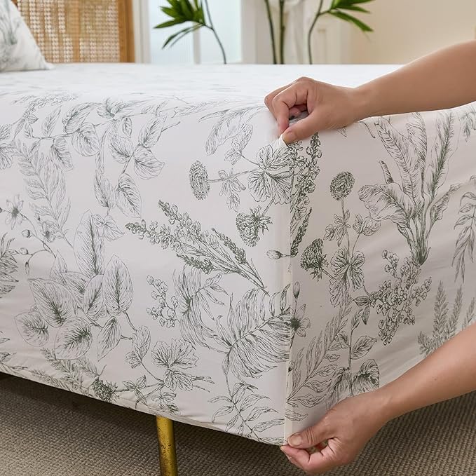 100% Cotton Sheet Set King Size – 4-Piece Chic Garden Floral Bedding Set, Soft Breathable Percale Weave, Deep Pocket Fitted Sheet 17.5", Crisp Cool Feel, Refined Botanical Elegance