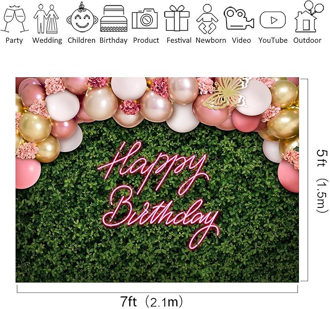 Riyidecor Green Leaves Happy Birthday Backdrop Polyester Fabric Neon Balloon Pink Flower Floral Butterfly Botanical Plant Bday 7Wx5H Feet Women Girls Photography Background Birthday Photo Studio Shoot