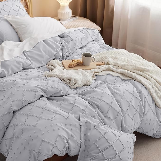 Bedsure Boho Twin Duvet Cover Size - Light Grey Breathable & Soft Boho Bedding, Machine Washable Comforter Cover for All Seasons, Includes 1 Duvet Cover 68"x90" with 1 Pillow Sham & Zipper Closure
