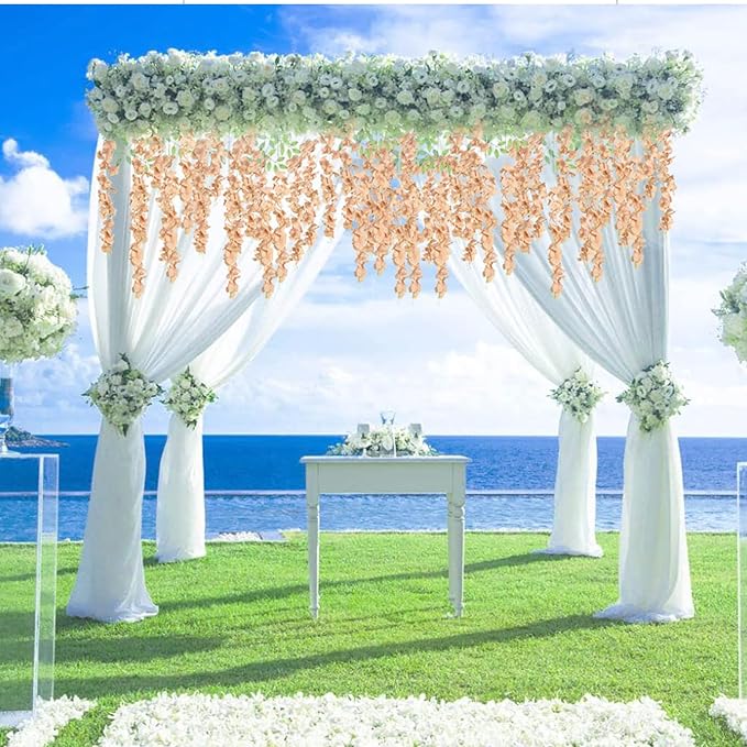 12Pack Wisteria Hanging Flowers 3.6ft Fake Flower Garland Faux Wisteria Vines Champagne Artificial Silk Flowers Bushy Rattan String for Garden Home Wall Wedding Decorations (Champagne)