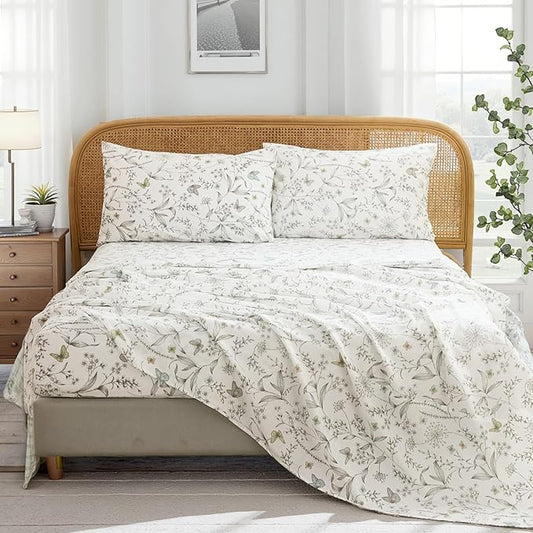 100% Cotton Sheet Set King Size – 4-Piece Chic White Floral Bedding Set, Soft Breathable Percale Weave, Deep Pocket Fitted Sheet 17.5", Crisp Cool Feel, Refined Botanical Elegance