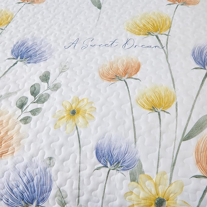 Dinjoy Yellow Blue Quilt Set Full Size, Floral Bedspread Set 3 Pieces Reversible Quilted Fall Bedding Set Microfiber Lightweight Bedspreads Coverlet Farmhouse Bed Cover Sets for Women Girls