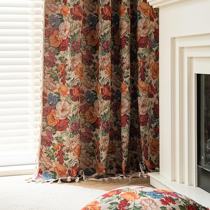 ENJOYBRIDAL Floral 96 Inch Curtains Semi Sheer Long Drapes Bedroom Rod Pocket Jacquard 2 Panels Window Curtains Farmhouse Boho Tassel Patterned Living Room Botanical Window Treatments