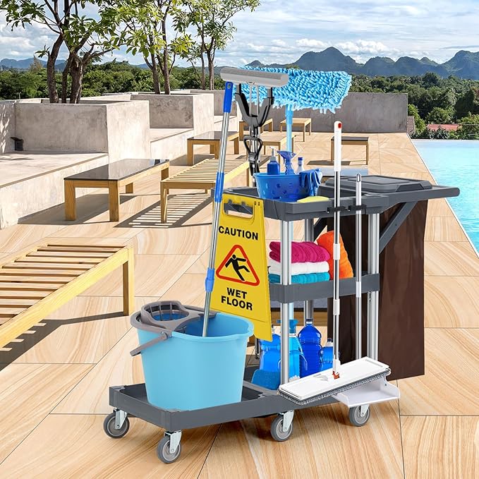 Heavy Duty Janitorial Cleaning Cart on Wheels – 3 Shelves, 220 Lbs Capacity, Cover & Large Vinyl Bag – Utility Housekeeping Caddy for Hotels, Schools, Apartments and More
