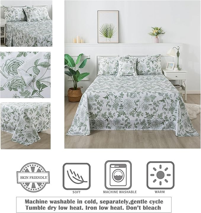 FADFAY Sheets Set Full Vintage White and Green Floral Bedding Elegant Peony Sheets Set Shabby Rose Farmhouse Bedding 100% Egyptian Cotton 800 Thread Count Deep Pocket Fitted Sheet 4Pcs, Full Size