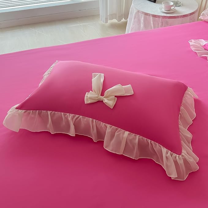 Girls Lace Bedding,Queen Comforter Cover Set, Chic Ruffled Duvet Cover with Lovely Bow,Princess Style 1 Duvet Cover with 2 Pillowcases, No Comforter-Hot Pink,Queen Size