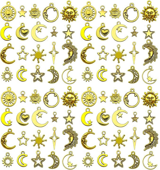 WOCRAFT 60pcs Antique Gold Sun Moon Star Charms Bracelet Charms for Jewelry Making Sets DIY Necklace Bracelet Keychain Crafting Charms Kit Craft Supplies (SN834)