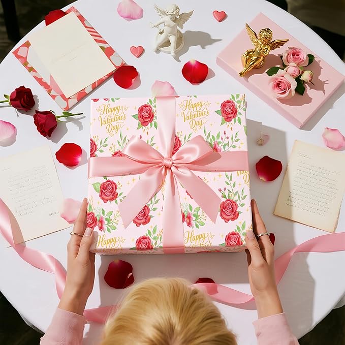 LeZakaa Valentines Wrapping Paper Roll, Pink with Red Rose & Gold “Happy Valentine’s Day” Lettering, Romantic Floral Gift Wrap for Wedding, Anniversary, Birthday, Party, Mini Roll 17in x 16.4 Ft