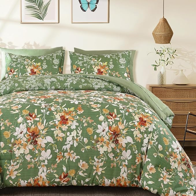 Dobuyly Queen Comforter Set, 7 Pieces Green Floral Comforter Set, Bed in a Bag Queen with Botanical Flowers Pattern, All Season Farmhouse Queen Size Bedding Set with Sheets, Pillowcases & Shams