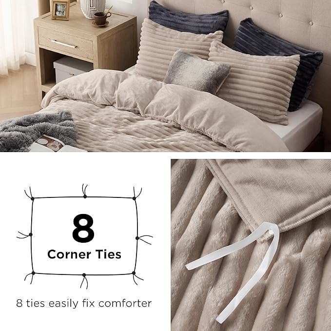 Bedsure Fluffy Duvet Cover Set - Ultra Soft Plush Shaggy Comforter Cover King Size, Warm Flannel Fleece Bed Sets for Winter, 3 Pieces (Striped Pattern, Khaki)