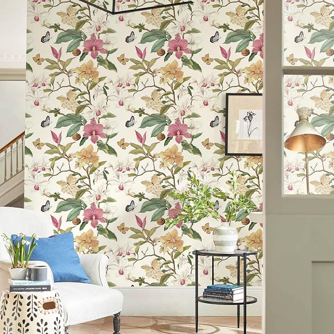 Vintage Floral Peel and Stick Wallpaper Floral Contact Paper 16.9inchx118.1inch Multicolor Flowers Butterfly Wallpaper Leaf Boho Self Adhesive Removable Wall Paper for Bedroom Decorative