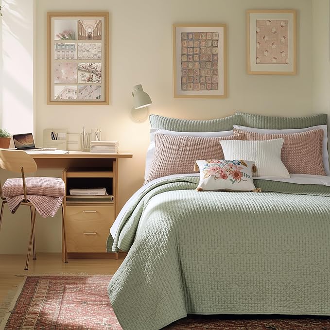 Levtex Home Cross Stitch Reversible Full/Queen Quilt Set (88x92in) and 2 Pillow Shams (26x20in) - Stitch Texture - Desert Sage - Cotton Full/Queen Size Quilt Bedding Set - Lightweight Soft Pre-Washed