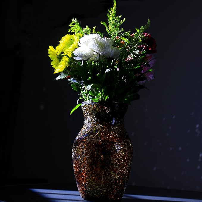 8" H Golden Mosaic Vase Glass Vase,Decorative Flower Vase,Decor Home Modern Midsize Mosaic Vase for Bedroom Livingroom Kitchen Office Wedding,Unique Gift