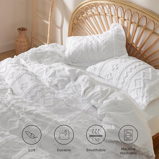 Bedsure Boho Twin Duvet Cover, Soft & Comfortable Elegant Design Boho Bedding for Decoration, Machine Washable Comforter Cover for All Seasons,Includes 1 Duvet Cover & 1 Pillow Sham,White