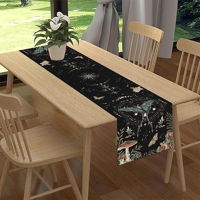 Gothic Moth Table Runner, Boho Gothic Sun Moon Phase Mystical Mushroom Floral Witchy Farmhouse Coffee Table Center Decor for Home Kitchen Dining Patio Holiday Party Table Decorations 13x108 inches