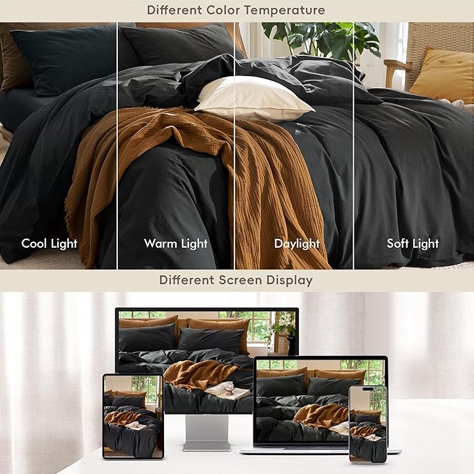 MooMee Bedding Duvet Cover Set 100% Washed Cotton Linen Like Textured Breathable Durable Soft Comfy (Solid Black, Oversized Queen 98"x98")