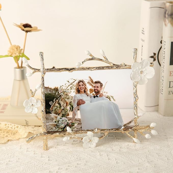 Gold 5x7 Picture Frame Decor Ornate White Floral Photo Frames with High Definition Glass Front, Art Decor Tabletop Display, Gifts Ideas for Women, Horizontally & Vertically