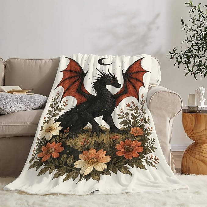 Black Dragon Blanket Floral Dragon Throw Blanket Soft Cozy Fleece Fuzzy Stuffed Plush Flannel Gifts for Girls Women Boys Kids Adults 40''x50''