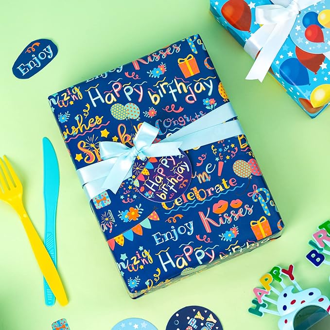 WRAPAHOLIC Birthday Wrapping Paper Sheet - 12 Sheets Folded Flat with 12 Gift Tags for Party, Baby Shower - 19.7 Inch X 27.5 Inch Per Sheet