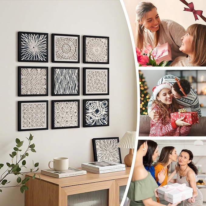 FOLKOR Abstract Wall Art Framed for Modern Home Office, 12" Handmade Rice Paper Spiral Artwork Maximalist Decor, Black and White Geometric Shadow Box Wall Panel for Bedroom Hallway Decoration