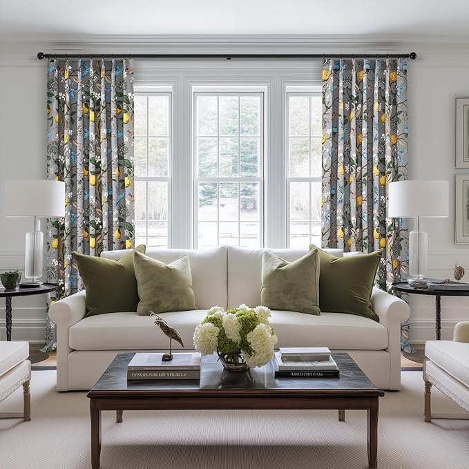 Vintage Floral Pinch Pleated Blackout Curtains 84 Inches Long 2 Panels for Bedroom Living Room Grey White Flower Patterned Room Darkening，Lemon Design Hummingbird Colorful Window Treatments Drapes