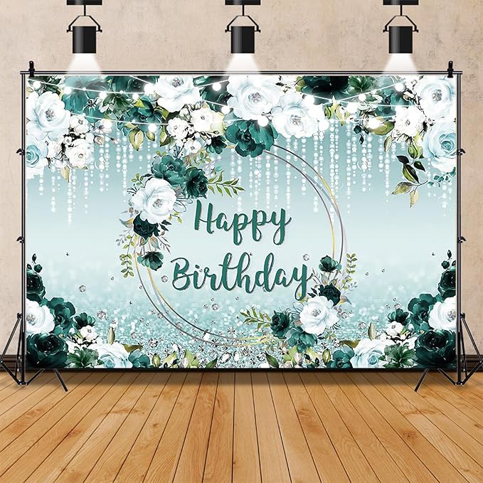 Renaiss 6x4ft Floral Happy Birthday Backdrop for Woman Fabric Green White Flowers Blooming Flower Photography Background Shinning Diamond Photo Backdrops for Birthday Party Supply