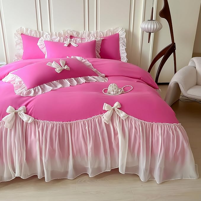 Girls Lace Bedding,Queen Comforter Cover Set, Chic Ruffled Duvet Cover with Lovely Bow,Princess Style 1 Duvet Cover with 2 Pillowcases, No Comforter-Hot Pink,Full Size