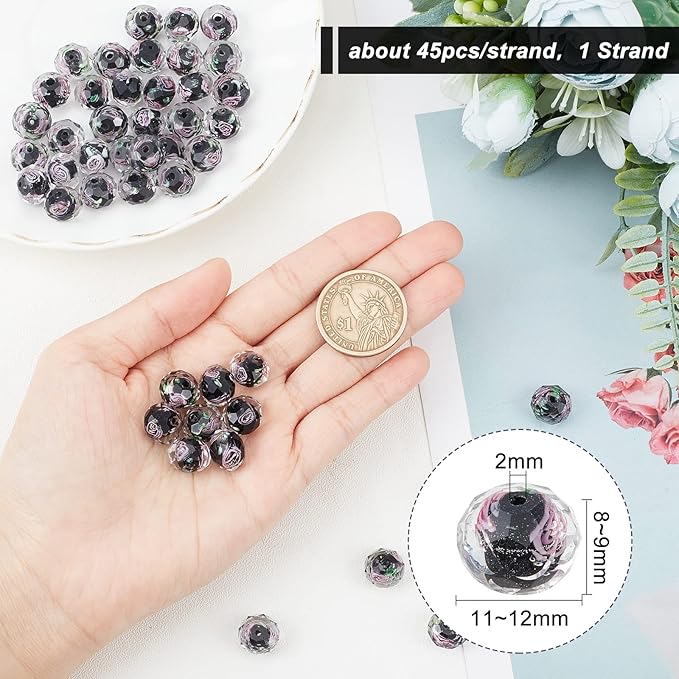 PH PandaHall 45pcs 9~12mm Gold Sand Lampwork Beads Glass Handmade Round Loose Beads for Rosary Making Jewelry Craft Making with 2mm Hole - Black