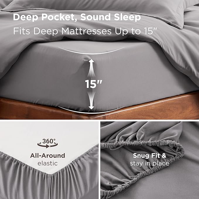 Bedsure Duvet Cover with Fitted Sheet Twin/Twin XL - Deep Pocket, Hotel Luxury Soft Double Brushed Bedding Set with Zipper Closure, 1 Duvet Cover, 1 Fitted Sheet, 1 Pillow Shams, NO Comforter, Grey