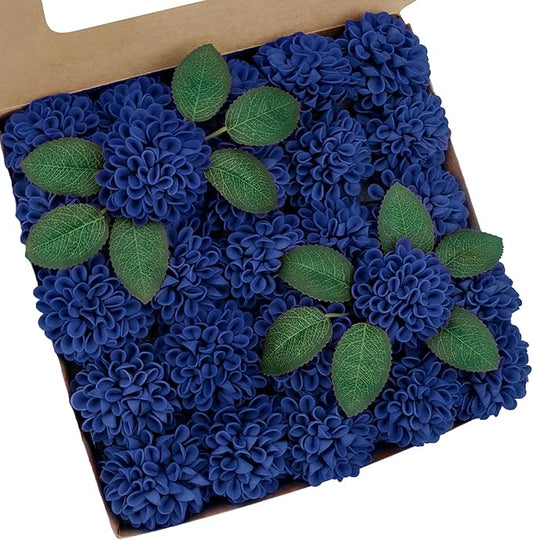 Artificial Flowers, 25pcs Realistic Artificial Rose for DIY Wedding Bouquets Centerpieces Arrangements, Blue Dahlia Flowers with Stem for Bridal Shower Party Home Decorations