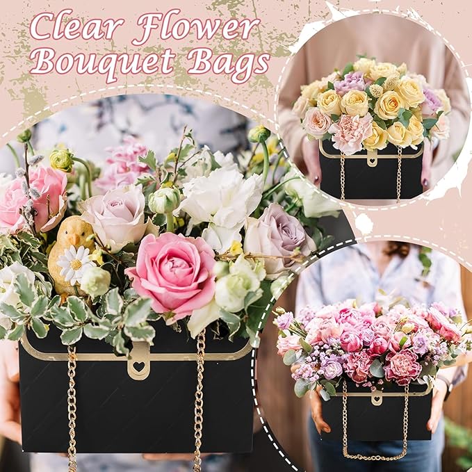 Jemattely Flower Paper Gift Box,Waterproof Bouquet Storage Bucket Florist Handbag with Metal Chain Flower Boxes for Wedding Mother's Day Birthday Bridal Etc Shower Gift Wrap Craft-Black 4 Pcs