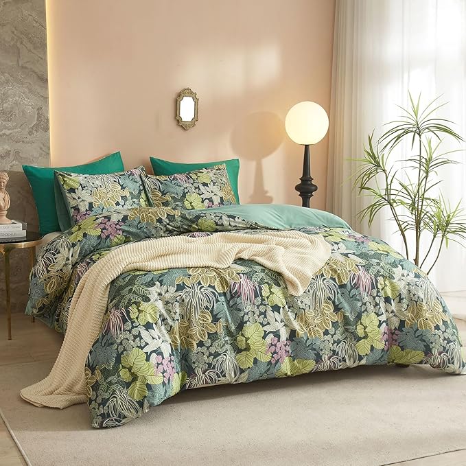 EAVD Tropical Leaves Duvet Cover Full Soft Cotton Chic Shabby Leaf Pattern Bedding Set with 2 Pillowcases Fresh Botanical Duvet Cover with Zipper Closure