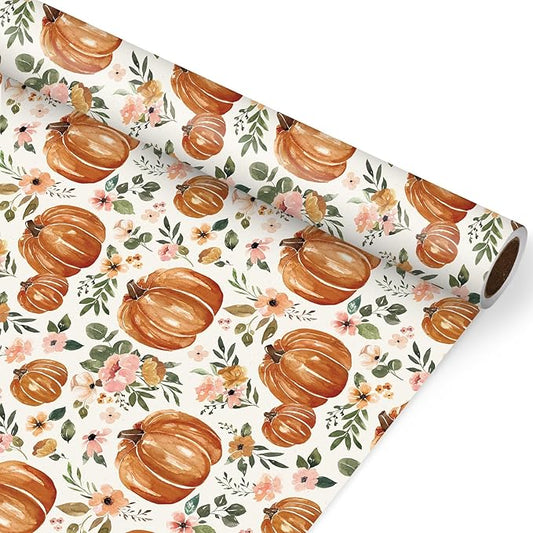 JarThenaAMCS Fall Wrapping Paper Roll 17 In x 32.8Ft Floral Pumpkin Gift Wrap Paper Watercolor Autumn Flower Decorative Art Paper for Thanksgiving Harvest
