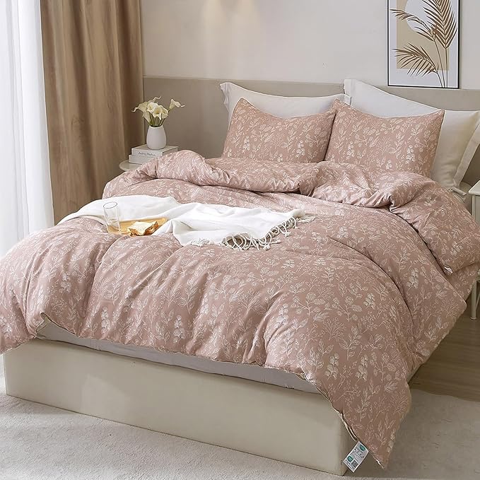 Twin Duvet Cover Floral 100% Cotton Girls Aesthetic Bedding Set Botanical Flowers Comforter Cover Twin with 2 Pillowcases Garden Style Chic Floral Bedding Duvet Cover Set Cottagecore,Mauve Brown
