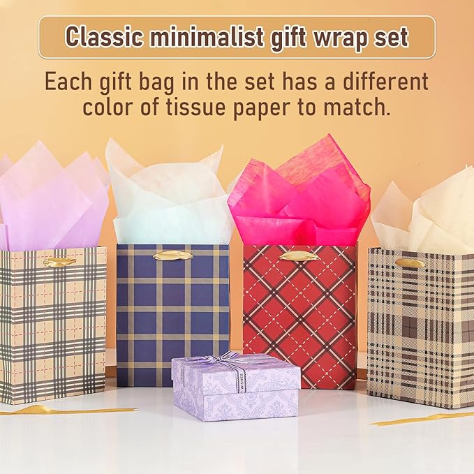 Bloomwords 9” Small Gift Bag, Plaid Gift Bag with Tissue Paper for Baby Showers, Birthdays, Weddings, Holiday Gifts, 7" W x 9" H x 4" D, 4 Pack