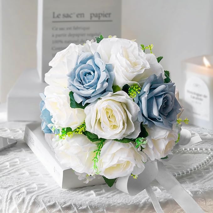 Wedding Bouquets for Bride - Realistic Silk Flowers Artificial Roses, 8 Inch Bridesmaid Bouquet for Ceremony, Church, Anniversary, and Home Decoration (White & Blue)