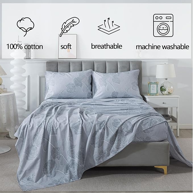 FADFAY Grey Vintage Floral Queen Size Sheets Set 100% Brushed Cotton Shabby Rose Flower Pattern Bedding Set Deep Pocket Sheets with 2 Pillowcases Luxury Breathable Soft 4pcs, Queen Size